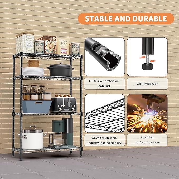 1400 lbs 4 Tier Storage Rack Metal Wire Shelving Unit, Storage Standing Household Shelf Organizer for Kitchen Pantry Closet Garage Basement Utility Room, Black 15.8" D x 45.3" W x 59.4" H - ModernBath