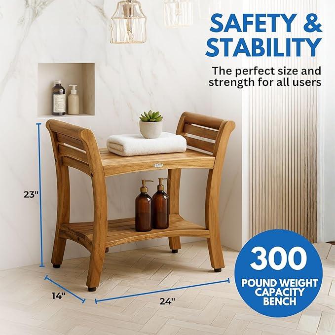 EcoDecors Symmetry 24 Inch Natural Color Waterproof Teak Wood Shower Bench Stool Seat Chair For Inside Shower Storage Shelf Provides Safety, Storage, and Organization For Bathroom Accessories - ModernBath