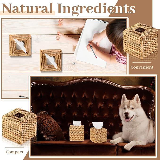 Kigley 2 Pcs Square Rattan Tissue Box Cover Boho Wicker Tissue Cube Box Cover 5.5'' x 5.5'' x 5.5'' Decorative Natural Wicker Hand Woven Napkin Box Holder Bathroom Office Car Accessories (Wood) - ModernBath