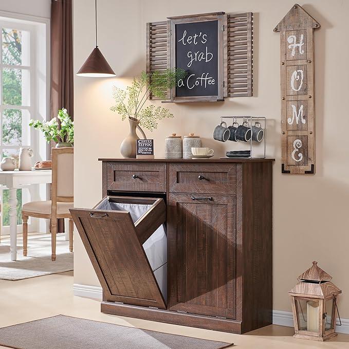 Double Tilt Out Laundry Hamper Cabinet, 20 Gallon Farmhouse Trash Can Cabinet with Drawer, Hidden Wood Garbage Can Bin Cabinet with Laundry Storage Basket for Bathroom, Kitchen, Brown - ModernBath