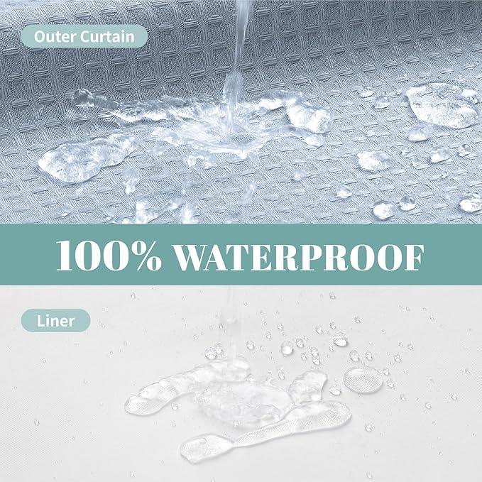 eachope FrostBlue Extra Long No Hook Waffle Weave Shower Curtain with snap-in Liner Replacement, 230GSM Waterproof Fabric Hotel Shower Curtain Set for Bathroom, Through Mesh Top Window,71Wx86H - ModernBath