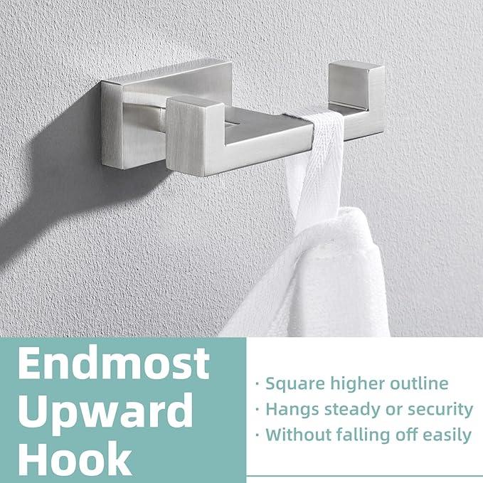 APLusee Square Double Towel Hook, 304 Stainless Steel Dual Coat Holder, Modern Bathroom Kitchen Storage Hanger Wall Mounted, Brushed Nickel - ModernBath