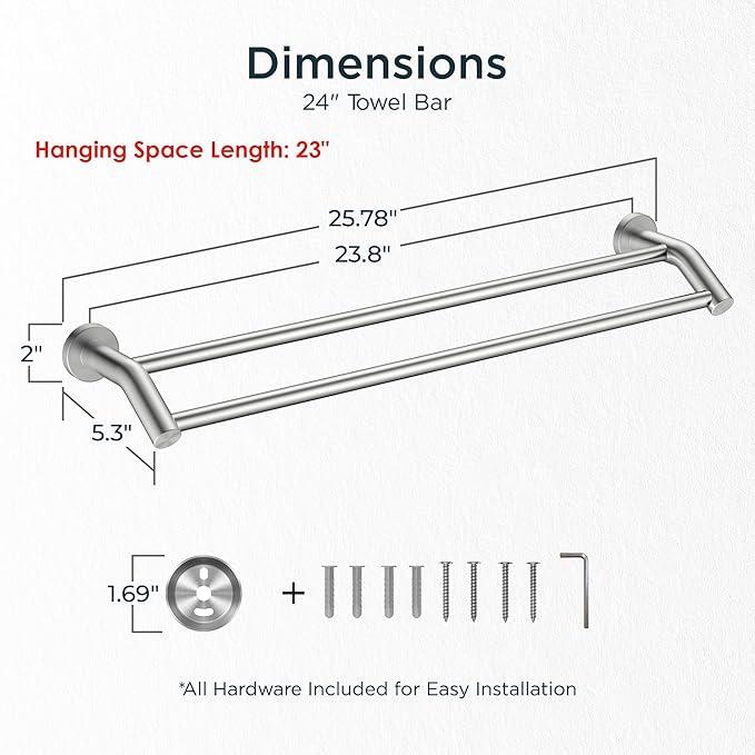 FORIOUS Double Towel Bar 24", Heavy Duty SUS304 Stainless Steel Dual Towel Racks for Bathroom Wall Mount, Space Saving Towel Rod Towel Holder Rail, Brushed Nickel - ModernBath