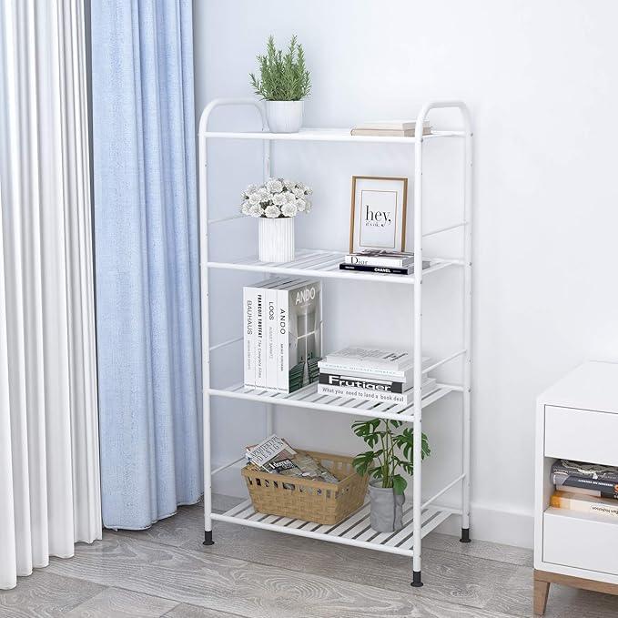 JSB 4-Tier Adjustable Shelving Unit, Heavy Duty Storage Rack Organizer Metal Corner Shelf for Kitchen Living Room Laundry Pantry Bathroom (White, 4 Tier)… - ModernBath