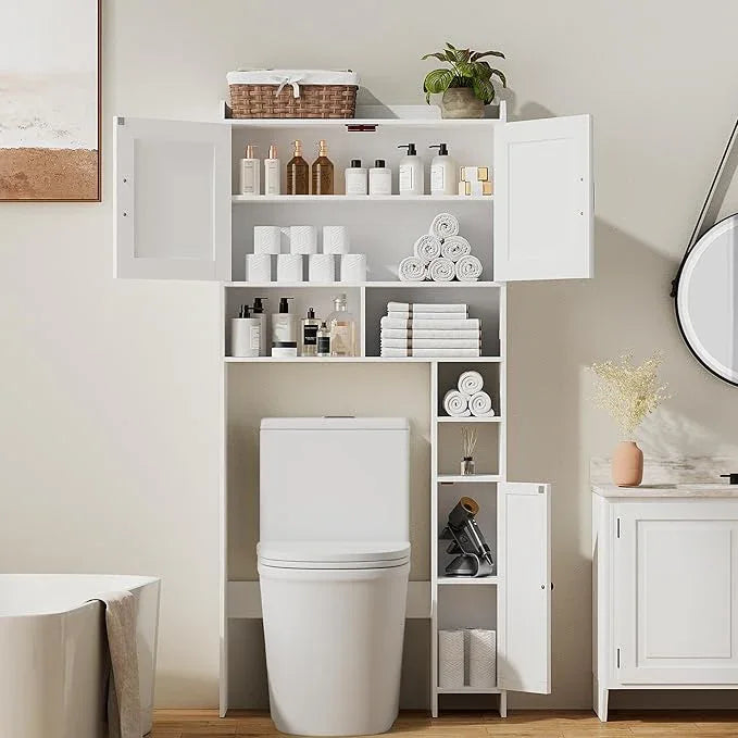 Homhedy Over The Toilet Storage Cabinet with 2 Barn Door and Toilet Paper Holder Stand, FreeStanding Toilet Shelf Space Saver, for Bathroom, Restroom, Laundry, White - ModernBath