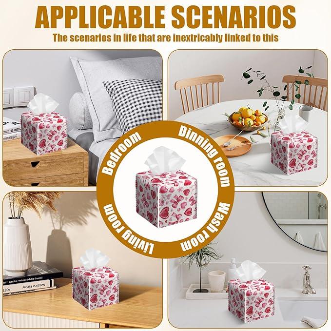 Pink Heart Bow Tissue Box Cover 2PCS, Leather Tissue Box Holder Square Facial Paper Case Tissue Box Cube Organizer for Bathroom Bedroom Desk Office - ModernBath