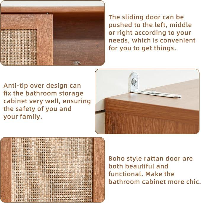 LEYAOYAO Over The Toilet Storage Cabinet with Rattan Sliding Door, 68" Tall Wood Above Toilet Bathroom Organizer w/Adjustable Shelf & Curved Profile, Space Saver Freestanding Washer Shelf - ModernBath