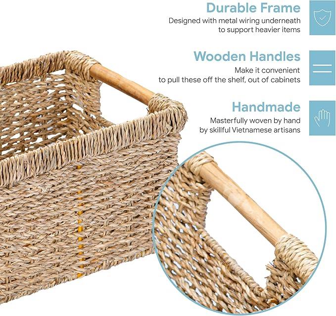 Small Wicker Baskets for Organizing Bathroom, Seagrass Baskets for Storage, Wicker Storage Basket with Wooden Handle, Decorative Small Organizing Basket 10.3 x 7.7 x 6.3 inches - 3 Pack - ModernBath