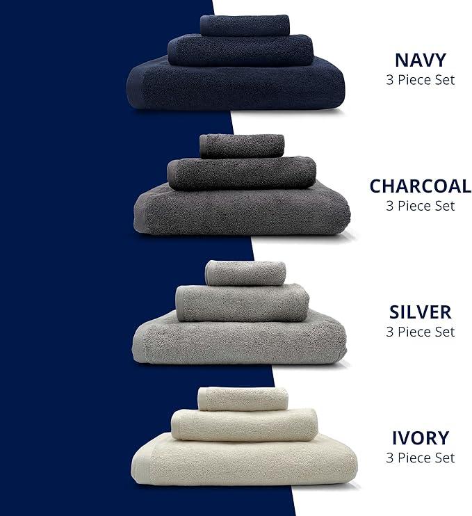 Lincoln & Palm 3 Piece Turkish Towels Set, Thick, Soft, Plush 700 GSM Spa & Hotel Quality, Silver Infused SILVERbac | Bath 58x30, Hand 30x16, Face Wash Cloth 13x13 (3 Piece Towel Set, Charcoal) - ModernBath