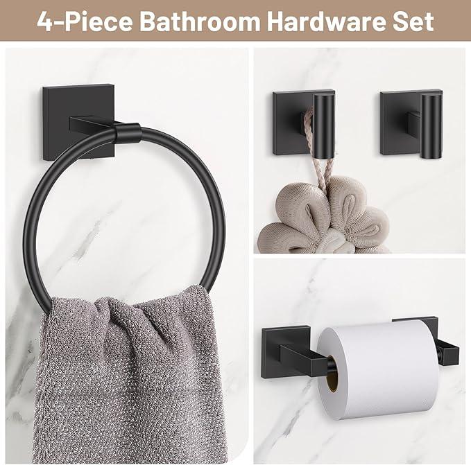 Towel Ring Set 4 Piece Bathroom Hardware Set Includes Towel Ring 2 Towel Hooks and Toilet Paper Holder Stainless Steel Wall Mounted (Matte Black) - ModernBath