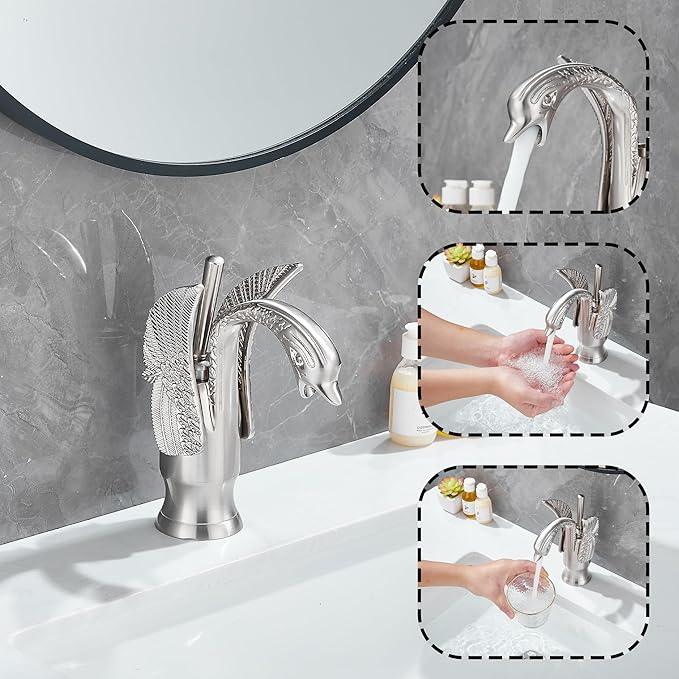 GGStudy Bathroom Faucet Brushed Nickel Swan Single Handle 1 Hole Bathroom Vanity Faucet Basin Tap Deck Mount Lavatory - ModernBath