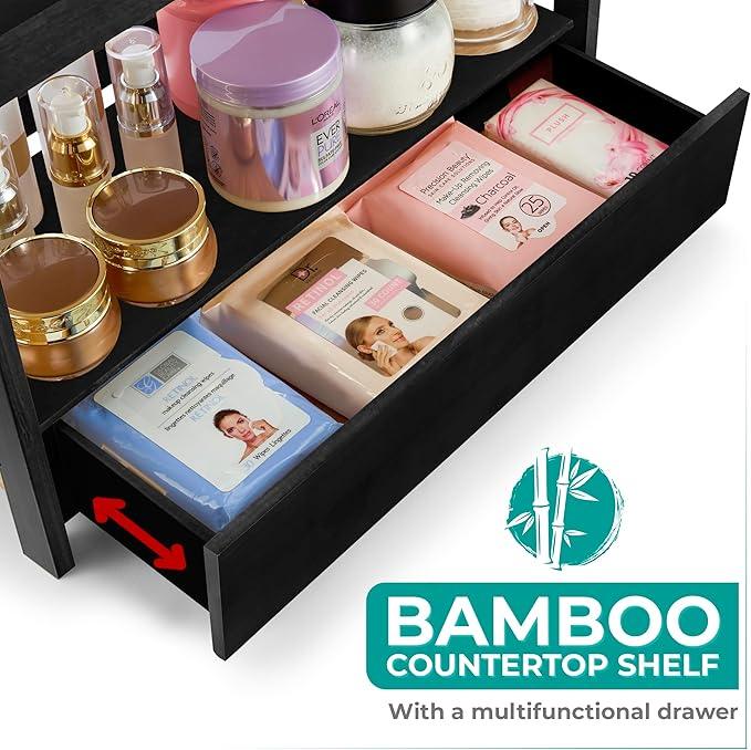 Sorbus Bamboo Bathroom Counter Organizer – 2-Tier Shelf with Hidden Drawer for Vanity, Matcha Station, Bathroom Sink Organizer Countertop, Kitchen & Office Storage (13″ L x 6.5″ W x 12.6″ H) (Black) - ModernBath