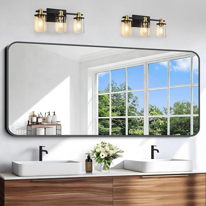 CIVENO Black Bathroom Mirror, 66x30 inch Aluminum Metal Frame Rectangular Vanity Mirror, Large Wall Mounted Rectangle Mirrors with Rounded Corner for Over Sink Bedroom Living Room Horizontal/Vertical - ModernBath