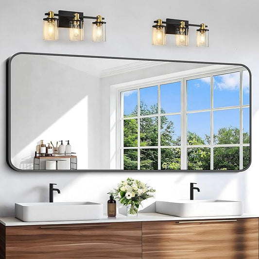 CIVENO Black Bathroom Mirror, 66x30 inch Aluminum Metal Frame Rectangular Vanity Mirror, Large Wall Mounted Rectangle Mirrors with Rounded Corner for Over Sink Bedroom Living Room Horizontal/Vertical - ModernBath