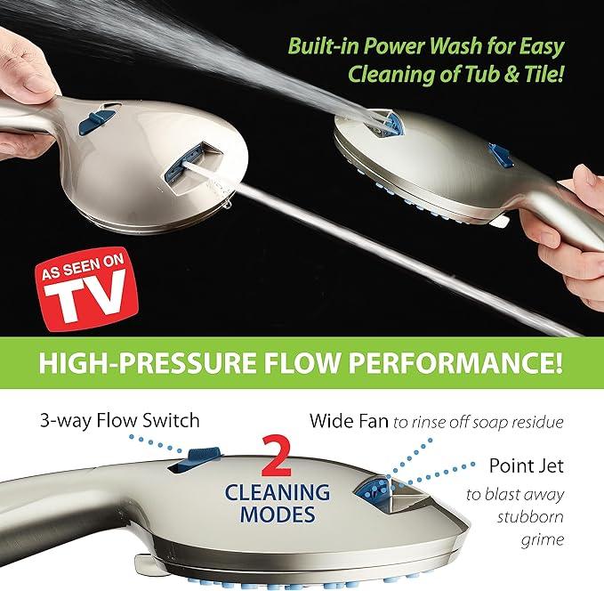 Hotel Spa AquaCare High Pressure 8-mode Handheld Shower Head, Anti-clog Nozzles, Built-in Power Wash to Clean Tub, Tile & Pets, Extra Long 6 ft. Stainless Steel Hose, Wall & Overhead Brackets - ModernBath