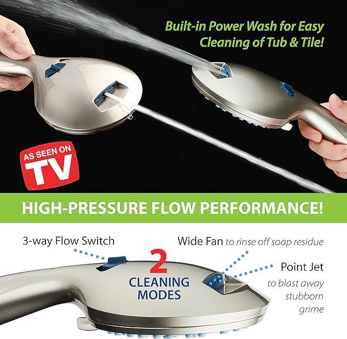 Hotel Spa AquaCare High Pressure 8-mode Handheld Shower Head - Anti-clog Nozzles, Built-in Power Wash to Clean Tub, Tile & Pets, Extra Long 6 ft. Hose, Wall & Overhead Brackets - 1.8 GPM - ModernBath