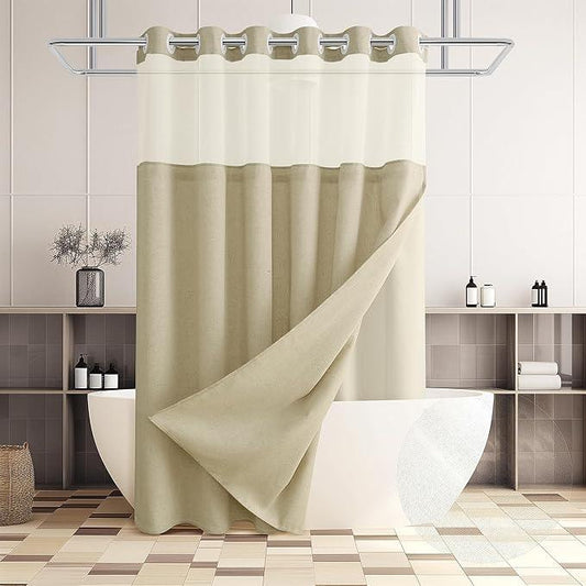 Jowels No Hooks Needed Linen Shower Curtain and Liner Set,Light Khaki Hotel Luxury Decor Shower Curtains for Bathroom with See Through Top Window,Water Resistant Fabric,72Wx75L,Light Khaki - ModernBath