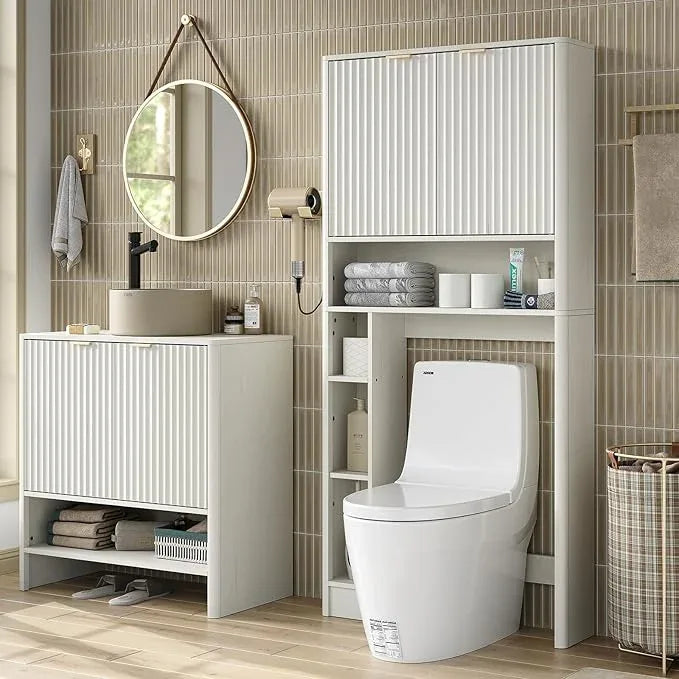 Furnideco Fluted Over The Toilet Storage Cabinet 31''W Modern Above Toilet Storage Cabinet with Fluted Doors & Adjustable Shelf for Bathroom, Antique White - ModernBath