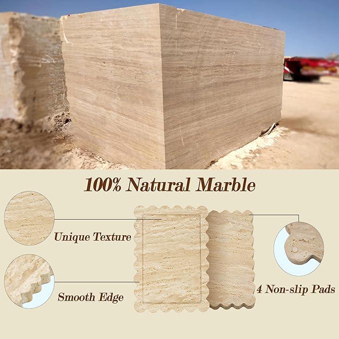 YMXYJM Genuine Travertine Scalloped Marble Tray, Real Natural Marble Stone Trays, Luxury Decorative Trays for Bathroom, Dresser, Vanity, Kitchen, Home Decor, 10.6" x 8", Travertine Beige - ModernBath
