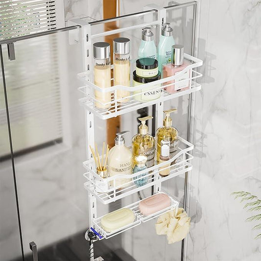 SWTYMIKI Over the Door Shower Caddy - 3 Tier Adjustable Shower Organizer Hanging with Soap Holder, No Drilling Stainless Steel Bathroom Hanging Caddy for Body Wash, Shampoo, Soap, Razor, White - ModernBath