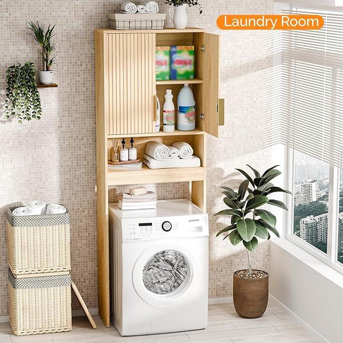 VINGLI Over The Toilet Storage Cabinet with Fluted Doors, Mid Century Modern Bathroom Organizer Over Toilet, Freestanding Wooden Space Saver Stand with Adjustable Shelves, Natural Oak - ModernBath