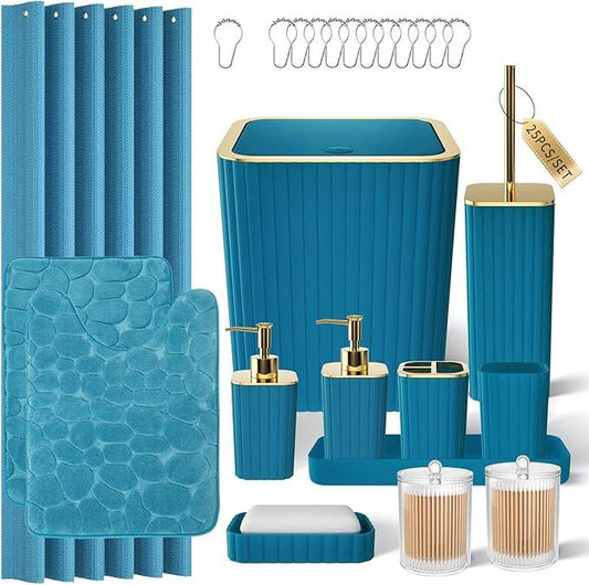 XLHOMO Bathroom Accessory Set - 25PC Teal Bathroom Set, Bathroom Set with Shower Curtain and Rugs, Bathroom Accessories Set, Shower Curtain Set, Trash Can & Soap Dispenser - ModernBath