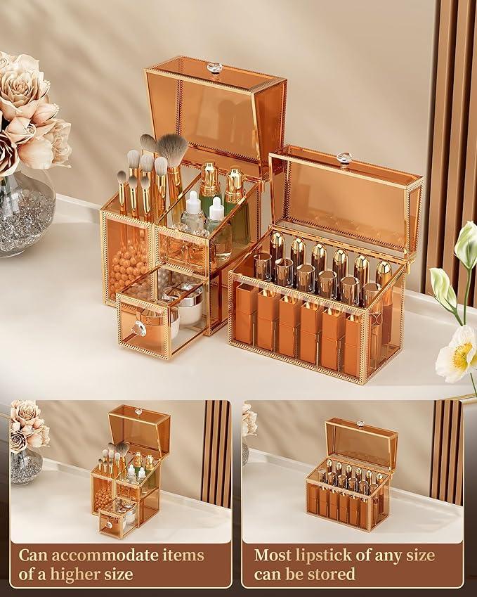 CoralHouse Makeup Organizer Countertop Set – Vanity Holder with 18-Slot Lipstick Organizer & Covered Makeup Brush Holder – Skincare, Perfume & Cosmetic Display for Bathroom or Dresser - ModernBath