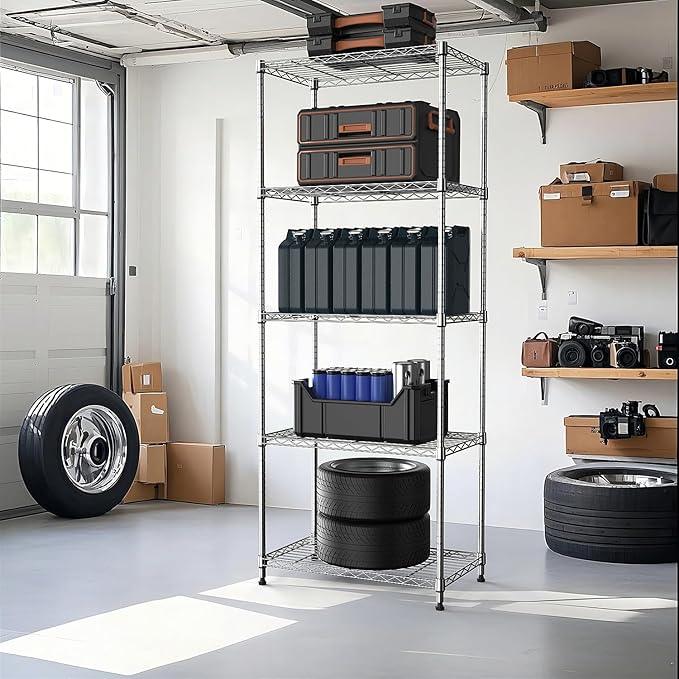 1250 lbs 5 Tier Shelf Metal Storage Shelves Wire Rack Closet Organizers with Wheel for Garage Kitchen Bathroom Laundry Chrome 13.7" D x 23.6" W x 62.4" H - ModernBath