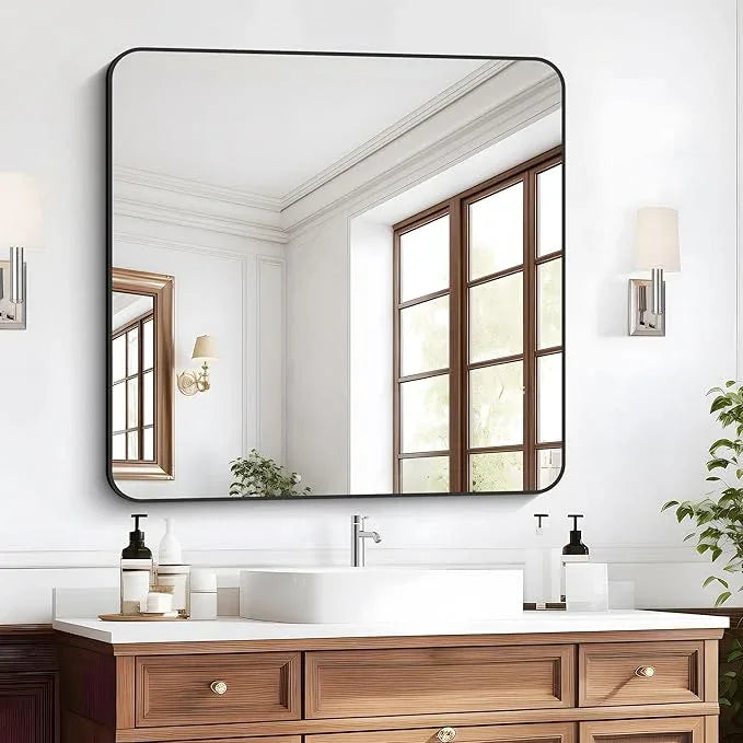 CIVENO Bathroom Mirror, 39x39 inch Black Square Wall Mirror, Metal Frame Rounded Corner Vanity Mirror, Large Wall Mounted Mirror for Modern Bedroom Living Room Horizontal Or Vertical Mounting - ModernBath