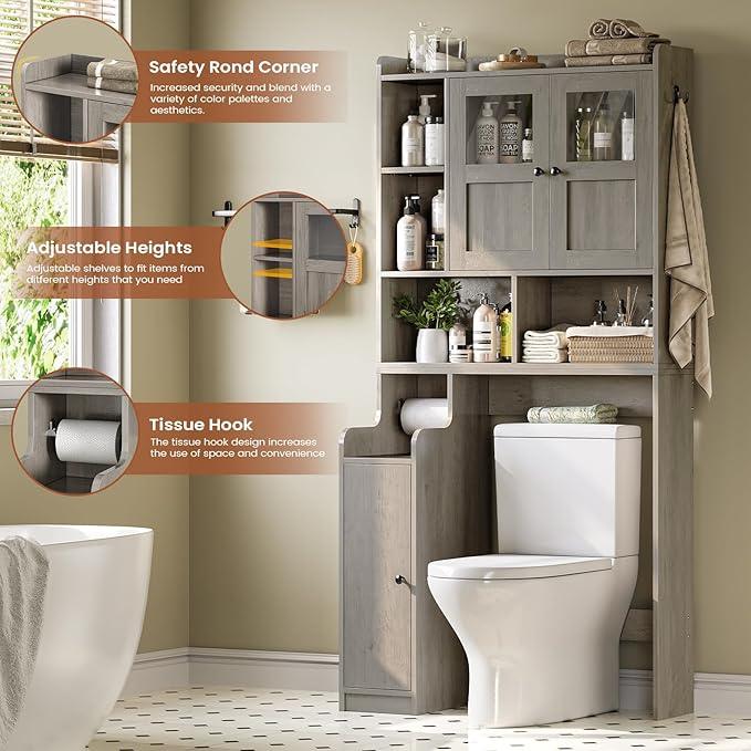Itaar Over The Toilet Storage Cabinet, Over Toilet Bathroom Organizer with Glass Doors & Toilet Paper Holder Stand, Home Space-Saving Toilet Rack, for Bathroom, Restroom, Laundry, Grey - ModernBath