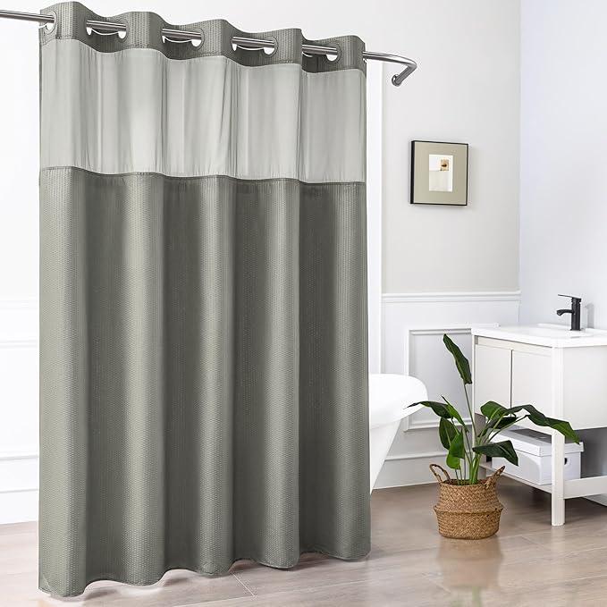 Mrs Awesome No Hook Shower Curtain with Snap-in LinerLess Time On/Off, Embossed Waffle-Look Textured Fabric Shower Curtain for Bathroom, Soft & Lightweight, 71x74, Gray - ModernBath