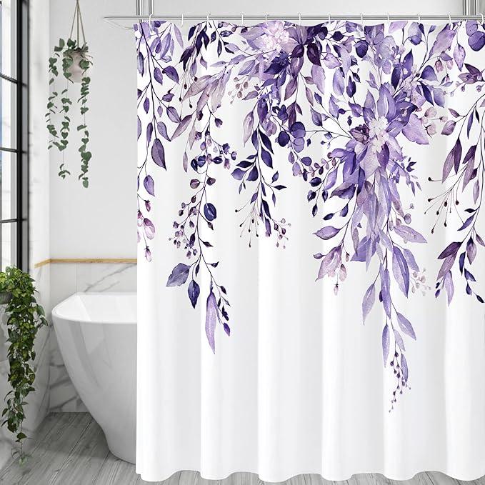 Gibelle Long Shower Curtain 72 x 78, Purple Floral Shower Curtain for Bathroom, Watercolor Plant Eucalyptus Leaves Fabric Shower Curtain Set - ModernBath
