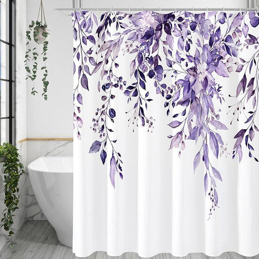 Gibelle Long Shower Curtain 72 x 78, Purple Floral Shower Curtain for Bathroom, Watercolor Plant Eucalyptus Leaves Fabric Shower Curtain Set - ModernBath