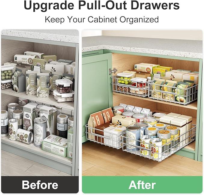 Pull out Cabinet Organizer, Stainless Steel 2-Pack Slide out Drawer with Silent Full-Extension Slides, Adhesive Roll out Can Spice Storage Basket Shelf Rack for Pantry, Kitchen, Bathroom, Home Closet - ModernBath