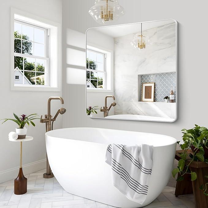 BONEWEI Silver Bathroom Mirror,48x48 inch Wall Mirror for Bathroom Wall Mounted,Rectangle Mirror for Bathroom Over Sink,Modern Frame Round Corner for Living Room,Bedroom Entryway,Horizontal/Vertical - ModernBath
