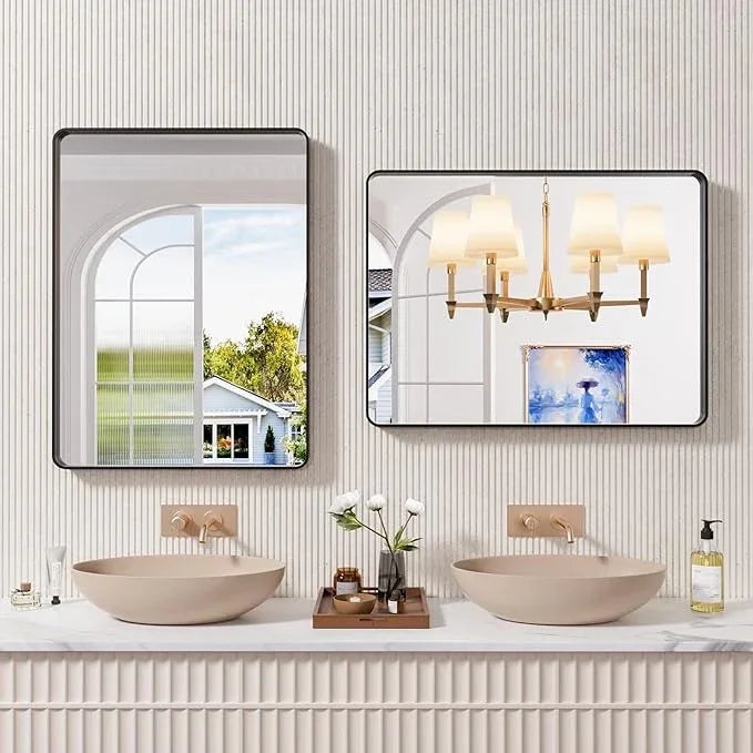JISOSO Black Bathroom Mirror 24X32 Inch, Black Metal Framed Mirror for Wall, Rounded Rectangle Matte Bathroom Vanity Mirror with Tempered Glass, Anti-Rust, Horizontal/Vertical - ModernBath