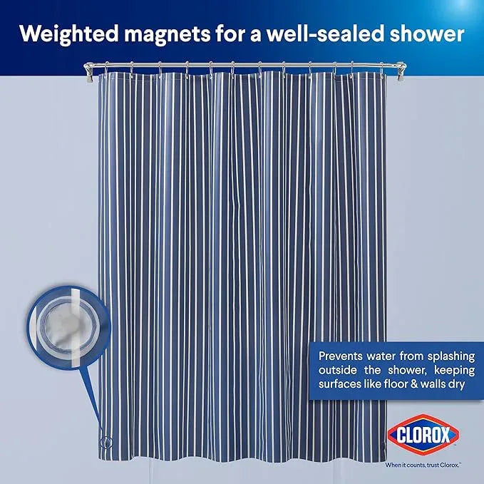 CLOROX Shower Curtain Liner, Premium Striped Medium-Weight Durable Waterproof 6g PEVA for Bathroom with Weighted Magnets, Printed Standard Size 72" x 72", Navy - ModernBath