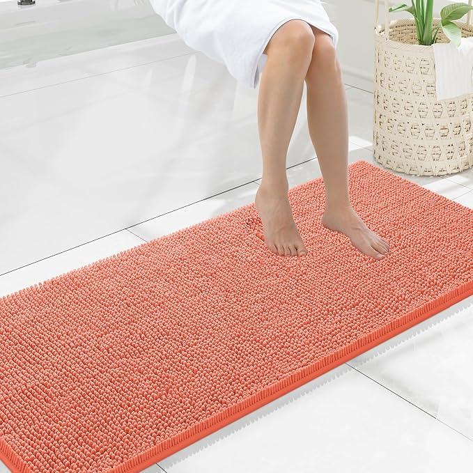 Smiry Luxury Chenille Bathroom Rugs 59x20, Extra Soft and Absorbent Shaggy Bath Mat, Machine Washable, Non-Slip Plush Carpet Runner for Tub, Shower, and Floor, Home Decor Accessories, Coral - ModernBath