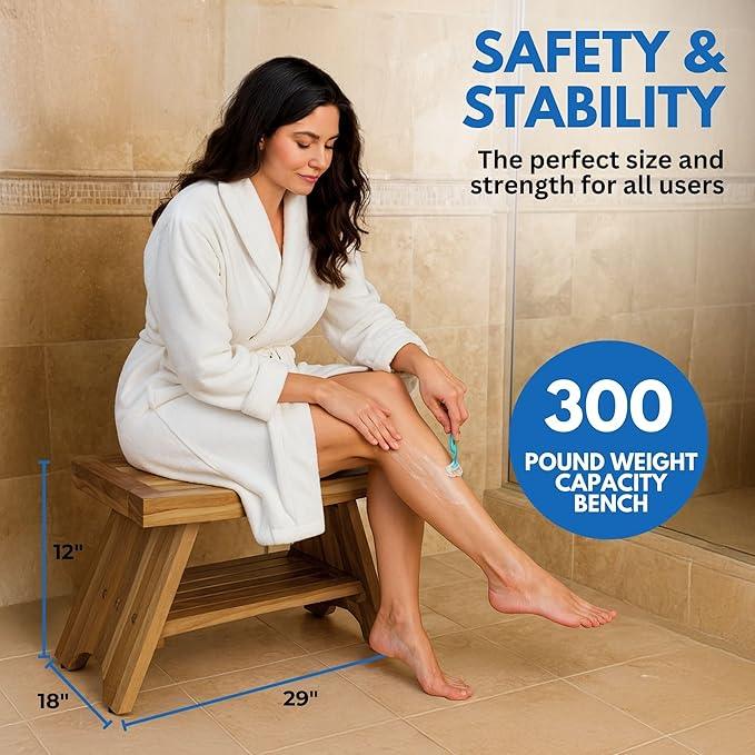 EcoDecors 30 Inch Serenity Teak Shower Bench – Waterproof Bathroom Seat with Large Storage Shelf For Adults & Seniors | Spa-Style Teak Wood Stool with Non-Slip Feet, Elegant Finish, 300 Pound Capacity - ModernBath