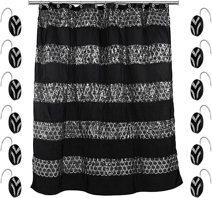 Zahari Home 13pc Sinatra Bathroom Shower Curtain Set Classic Shower Curtain & 12 Shower Curtain Hooks Luxury Fabric Shower Curtain Unique Design Bling Black Shower Curtain Set - ModernBath
