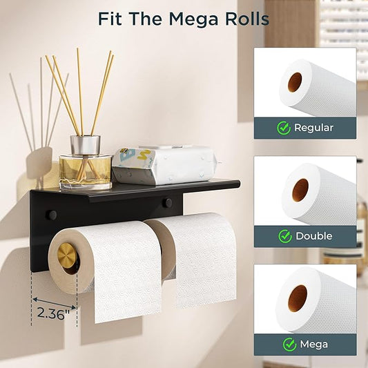 FORIOUS Double Toilet Paper Holder with Shelf, Wall Mount Tissue Roll Holder for Bathroom, 304 Stainless Steel Commercial Toilet Tissue Dispensers with Phone Shelf (1, Matte Black & Brushed Gold)