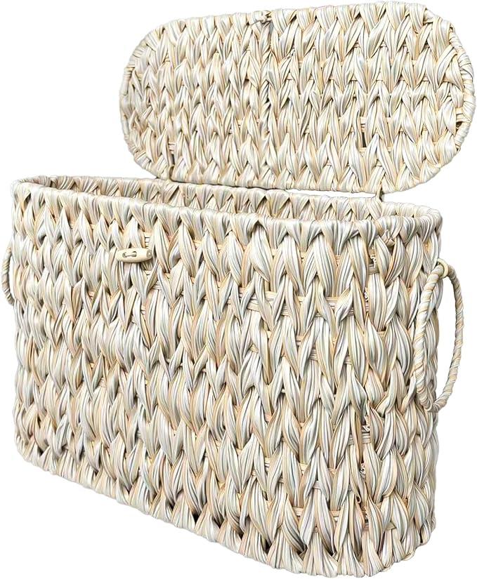Toilet Paper Basket,Wicker Toilet Paper Storage with Lid,Decorative Boho Wicker Basket for Bathroom,Free Standing-Cream White - ModernBath
