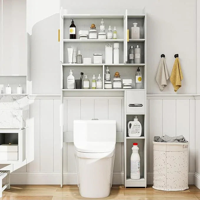 Farmhouse Over The Toilet Storage Cabinet with 2 Doors & 7 Shelves - Rustic Bathroom Cabinet Organizer Storage for Bathroom, Laundry - ModernBath
