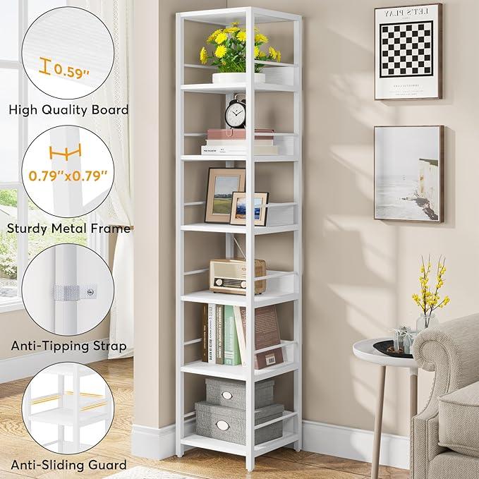 Tribesigns 6-Tier Corner Shelf, 75 Inch Tall Narrow Bookshelf Storage Rack, Etagere Shelves Display Stand for Small Spaces, Rustic Open Bookcase Square Shelf Tower for Living Room Bathroom - ModernBath