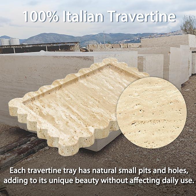 YMXYJM Genuine Travertine Scalloped Marble Tray, Real Natural Marble Stone Trays, Luxury Decorative Trays for Bathroom, Dresser, Vanity, Kitchen, Home Decor, 10.6" x 8", Travertine Beige - ModernBath