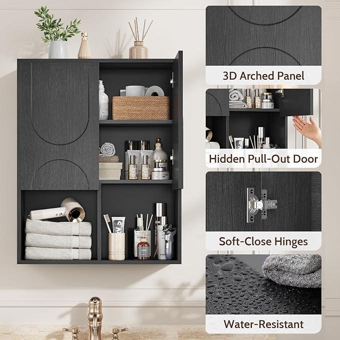 Bathroom Wall Cabinet, 24x30 Inch Small Over The Toilet Storage Cabinet, Black Space Saver Hanging Wall Mounted Medicine Cabinet Organizer with 2 Doors, Open Adjustable Shelf for Laundry Room Kitchen - ModernBath
