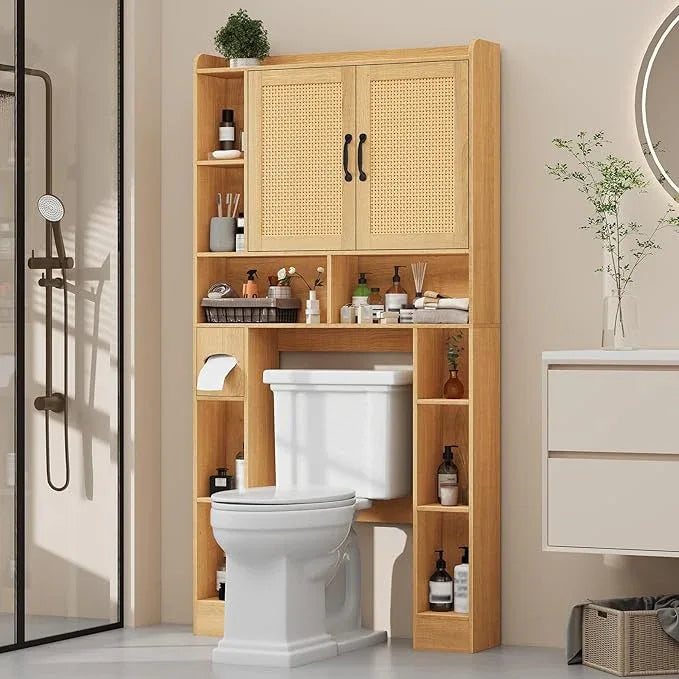 Vabches Farmhouse Style Rattan Over-The-Toilet Storage Cabinet with 2 Rattan Doors, Toilet Paper Holder - Space-Saving Oak Bathroom Organizer. - ModernBath