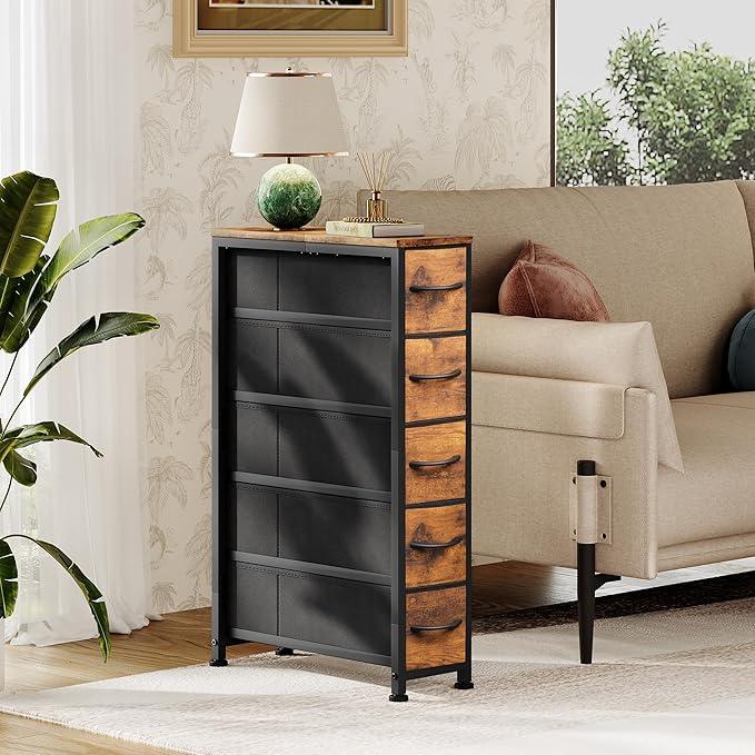 Narrow Dresser Storage Tower with 5 Drawers, Slim Dresser Chest of Drawers with Steel Frame, Wood Top, Dresser for Bedroom, Bathroom, Small Spaces, Laundry, Closet, Rustic Brown - ModernBath