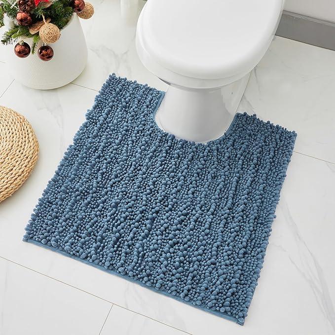 Ruggnovea Toilet Rugs U-Shaped Mat 24x24, Contour Bathroom Mat - Ultra Soft & Absorbent Chenille, Quick-Dry, Machine Washable with Non Slip Barrier Backing, Blue - ModernBath