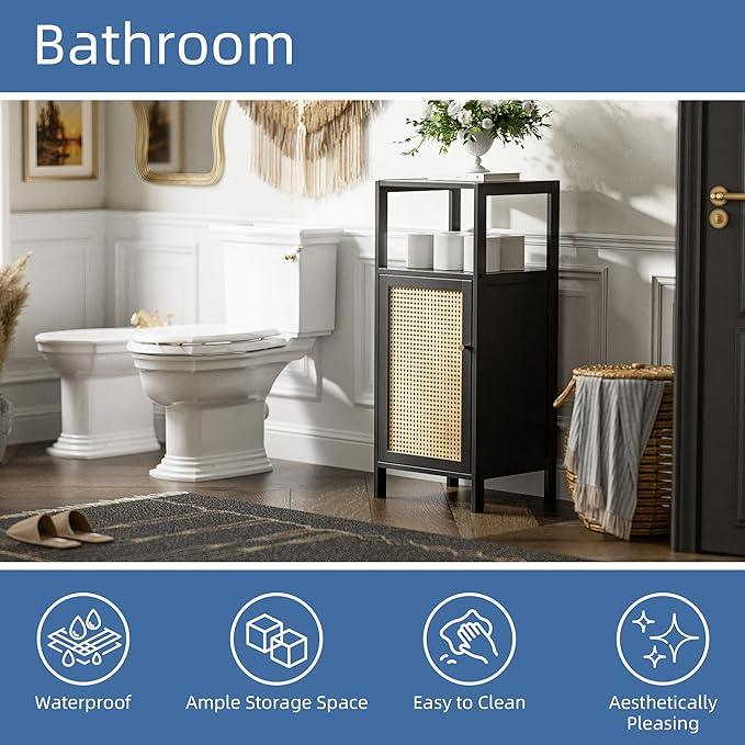 HITNET Bamboo Floor Cabinet, Small Bathroom Storage Cabinet with Single Rattan Door, Narrow Side Storage Organizer Unit Freestanding Space Saving Kitchen Cupboard, Black - ModernBath